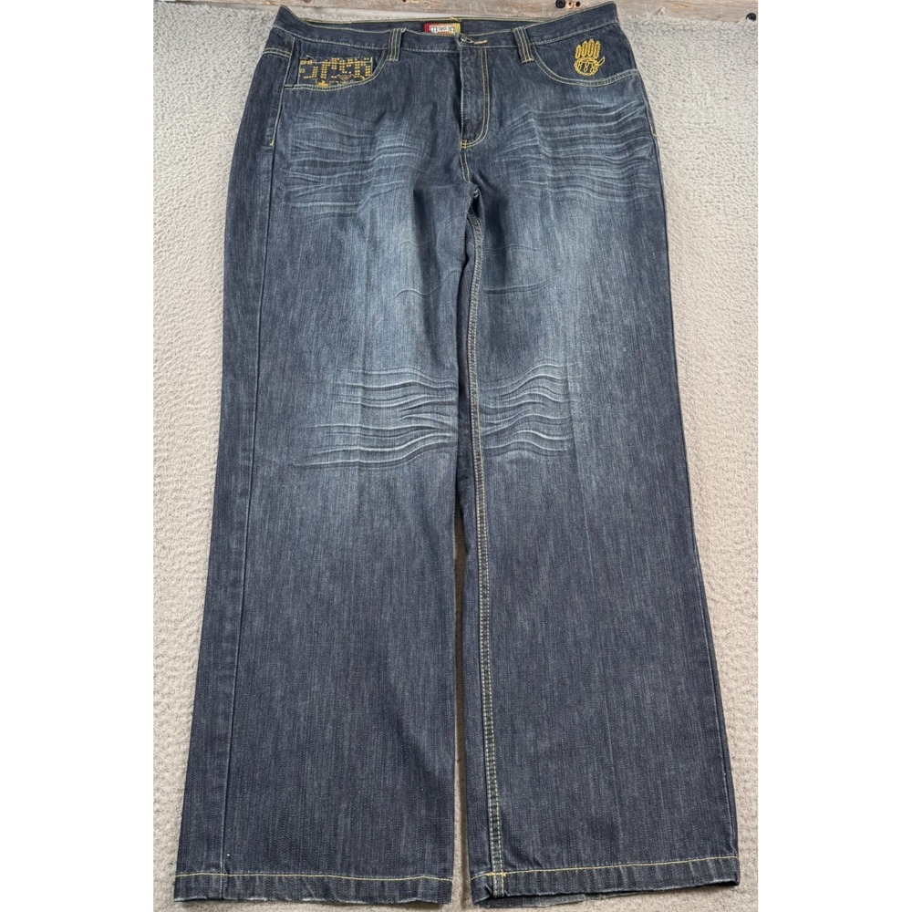Miskeen Jeans Men's 38x34 Blue Denim Wide Leg Baggy Mid Rise Embroidered Y2K